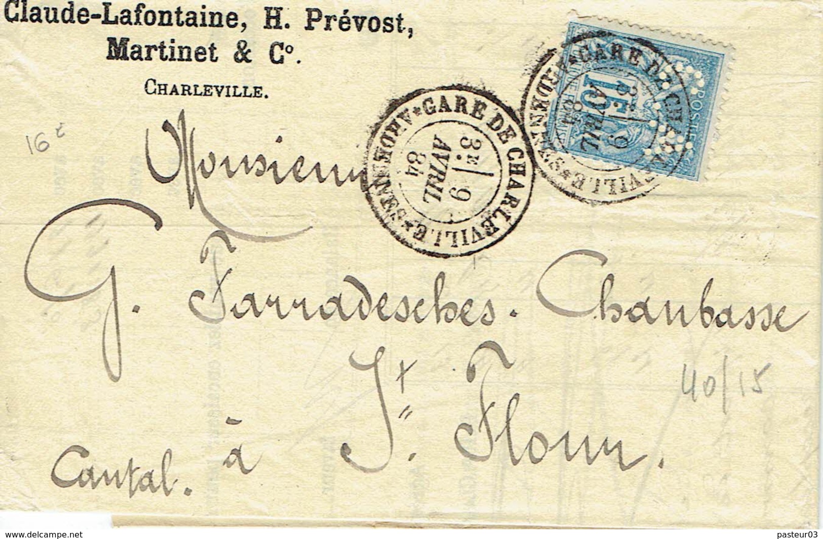 90 Type Sage 15 C. Bleu Gare De Charleville Perforé CA 09-04-1884 - 1876-1898 Sage (Tipo II)