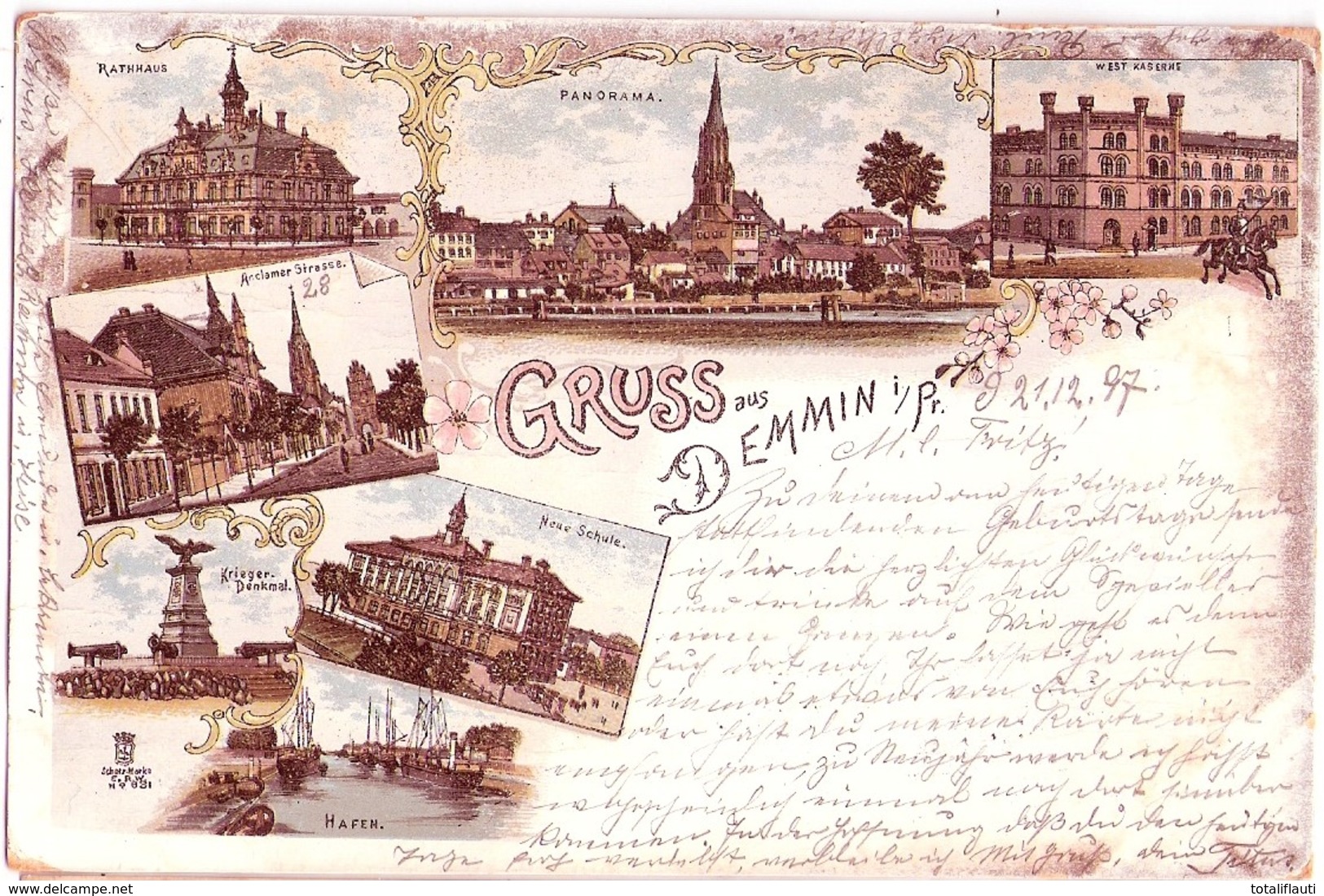 Gruss Aus DEMMIN Color Litho Rathaus West Kaserne Ritter Anclamer Straße Hafen Gelaufen 21.12.1897 - Demmin