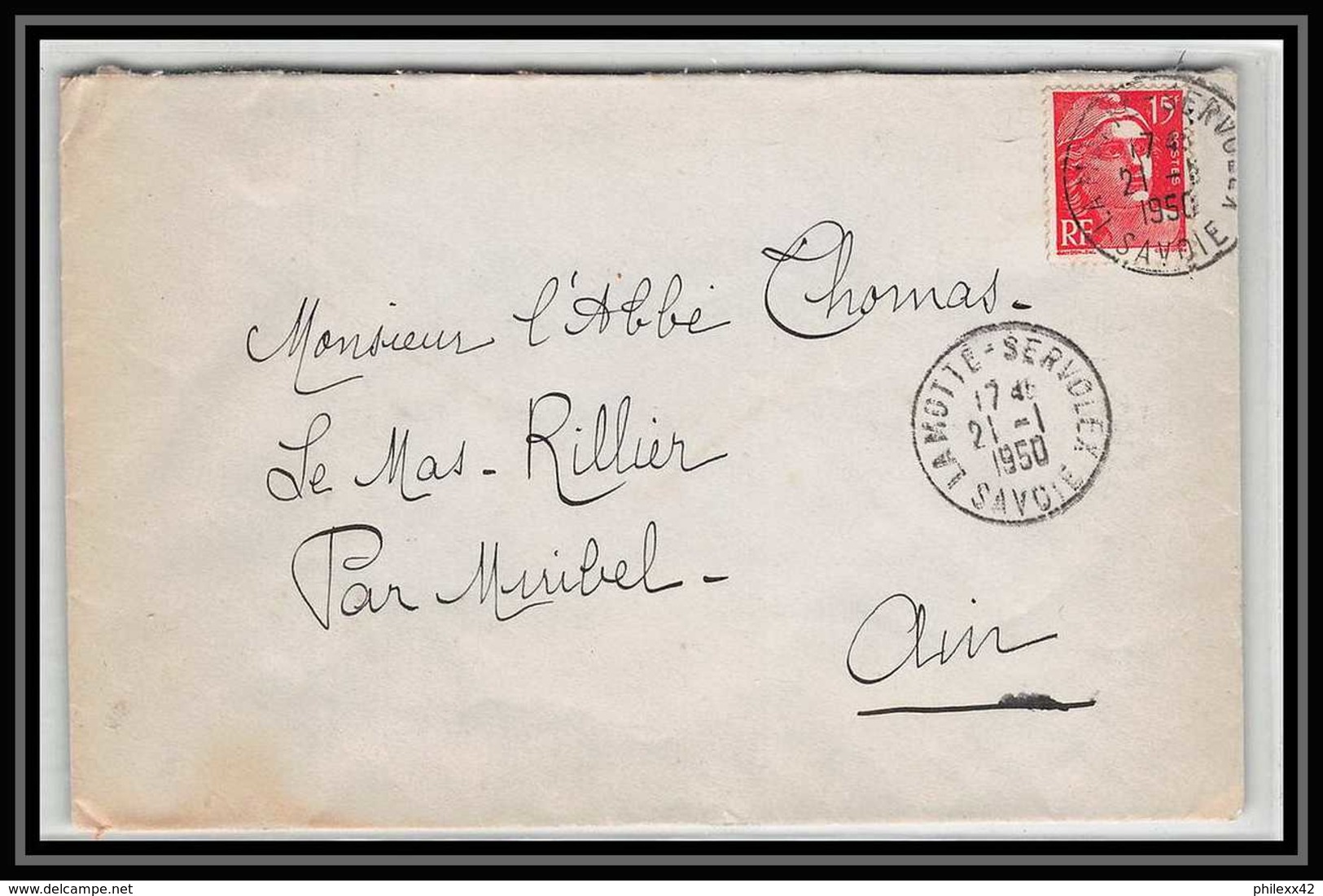 Lettre (cover) 5455 N°813 Marianne De Gandon 1951 Savoie La Motte-Servolex Pour L'Abbé Thomas Miribel Ain - 1945-54 Marianne De Gandon