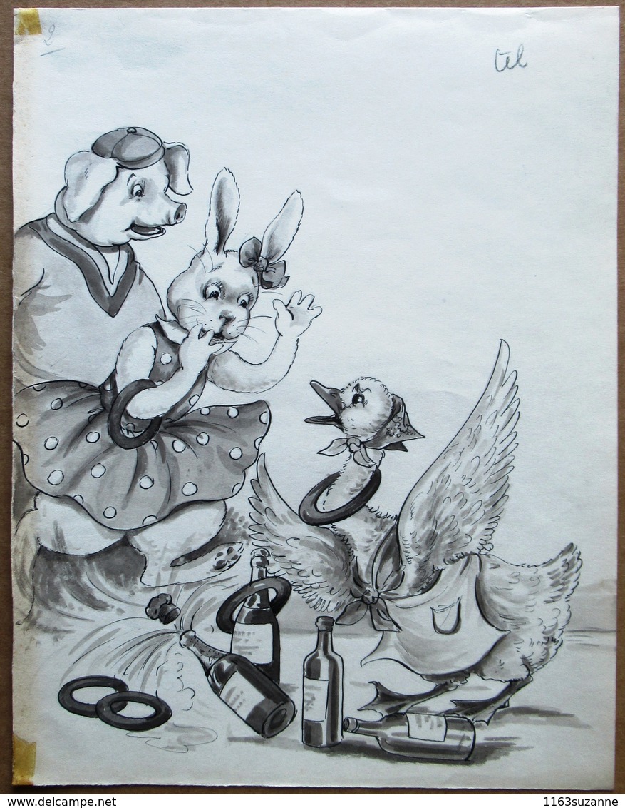 Dessin Original De MATEJA Avec Les Personnages De La Série DIDINE (encre De Chine Et Lavis, 23 X 30 Cm) - Disegni Originali