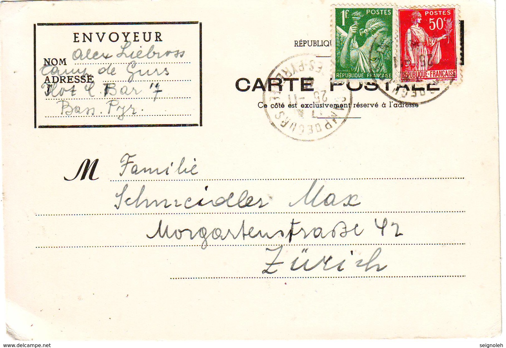 GUERRE DE 40 , ENTIER CARTE EN FRANCHISE DU CAMP DE GURS Expediee Par Un INTERNE En SUISSE , RARE - 1921-1960: Période Moderne