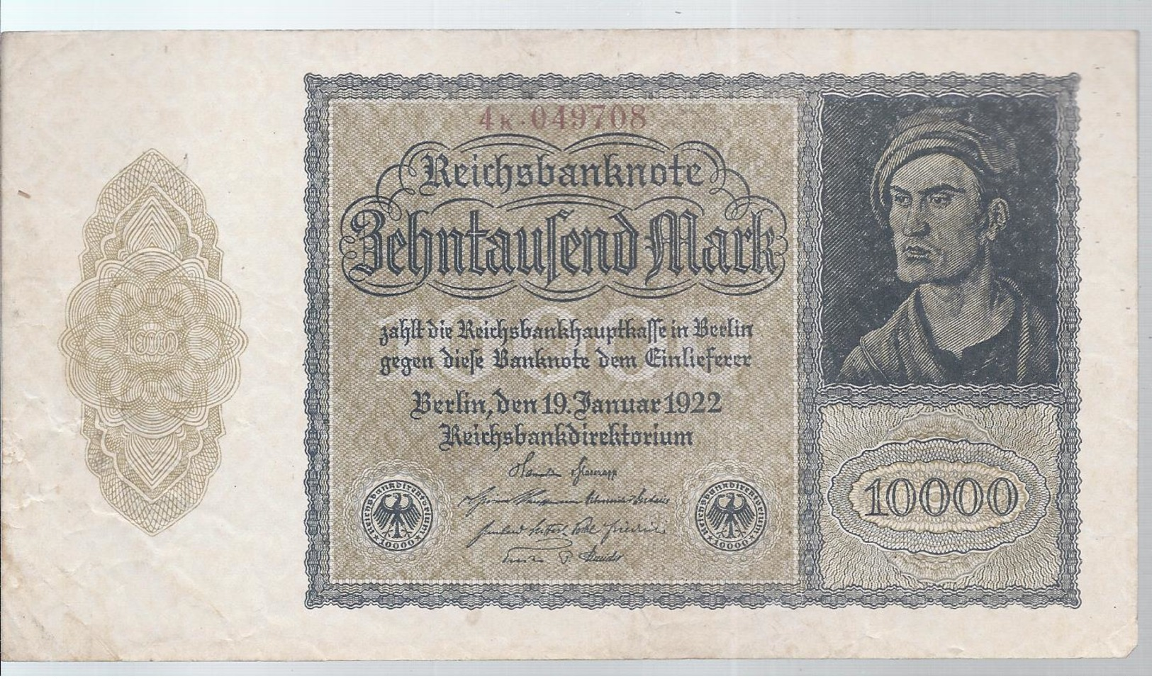 AK-23840a -   10 000 Reichsmark V. 19. Januar 1922   Nr. 4 X 049 708 - 10000 Mark