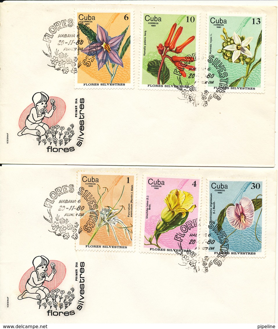 Cuba FDC 20-11-1980 FLOWERS ORCHIDS Complete Set Of 6 On 2 Covers With Cachet - FDC