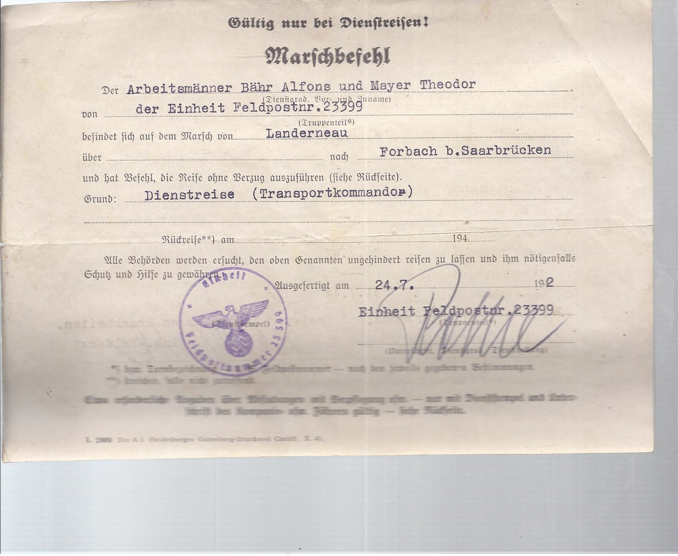 AK-23880 A  -   Marschbefehl  Für Dienstreisen  24.7.1942 - Historische Dokumente