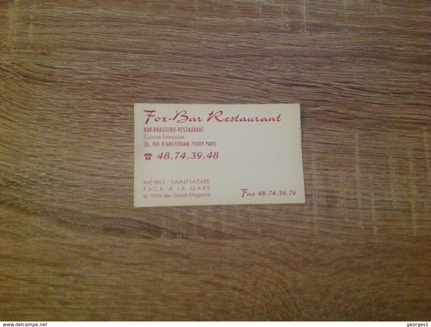 Ancienne Carte De Visite De Bar Brasserie Restaurant    Fox Bar    Paris 9eme - Cartoncini Da Visita