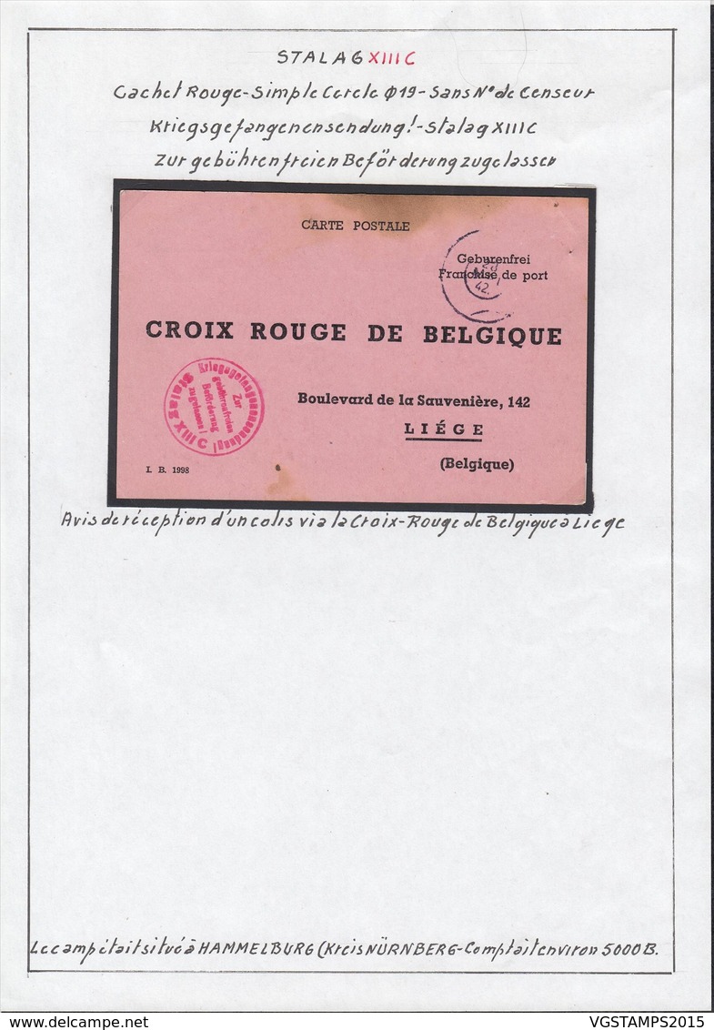 Belgique  Stalag XIII C- Cachet Rouge-Simple Cercle D.19-Sans Nº De Censeur................ (VG) DC5331 - WW II (Covers & Documents)