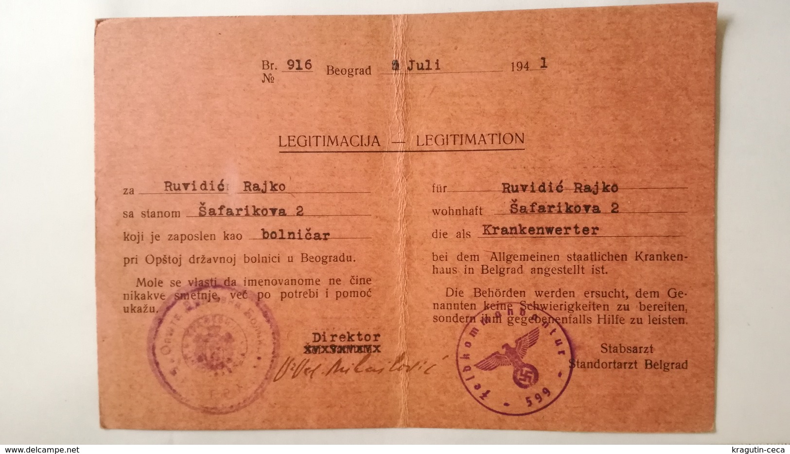 1941 WWII YUGOSLAVIA RESIDENT MEDICAL STAFF BELGRADE ID CARD AUSWEIS GERMANY OCCUPIED DOCUMENT SERBIA WW2 BELGRAD - 1939-45