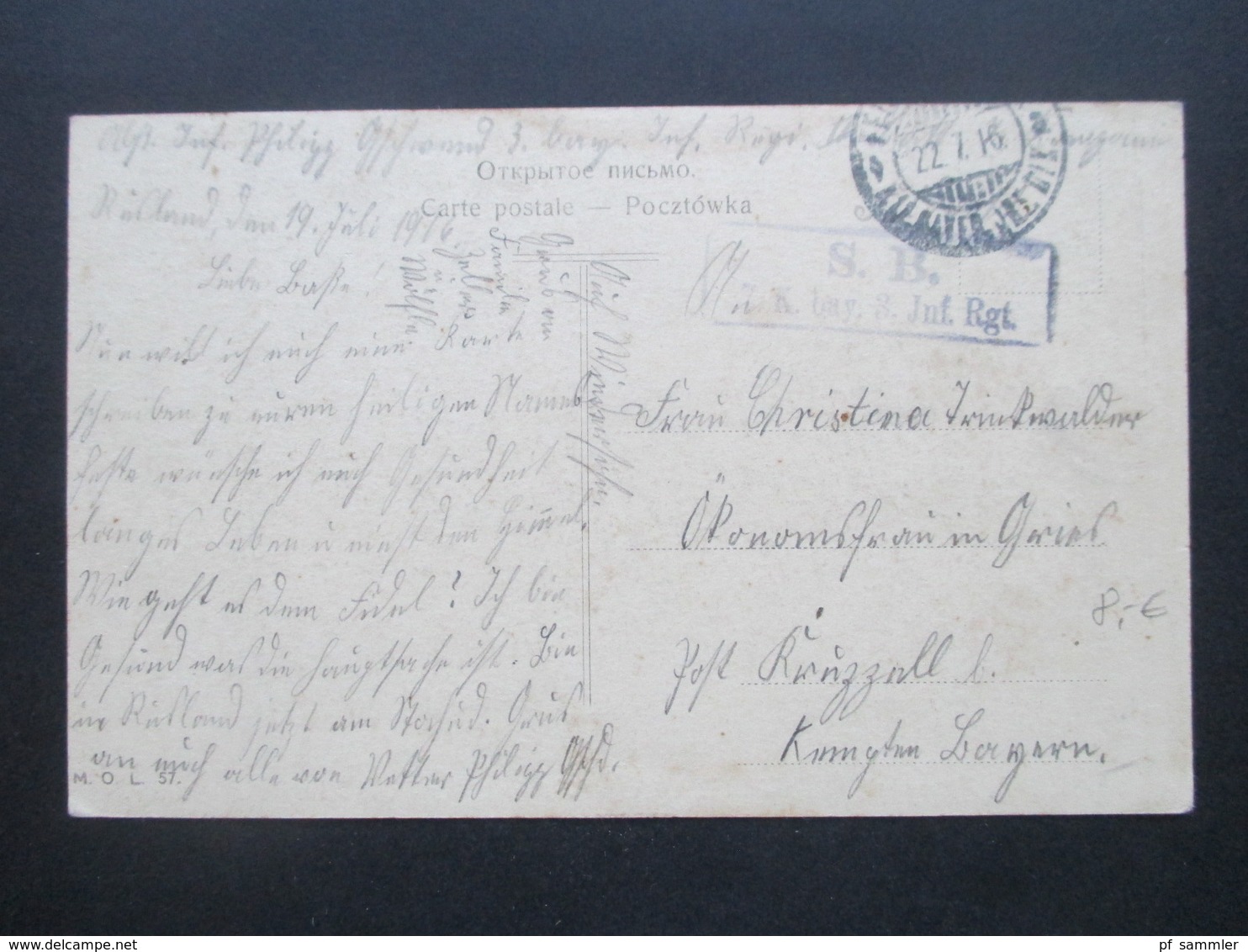 DR Feldpost 1. WK 1916 AK Bapwaba, Warschau Karowa Str. Stempel SB 7.K.bay. 3. Inf. Rgt - Briefe U. Dokumente