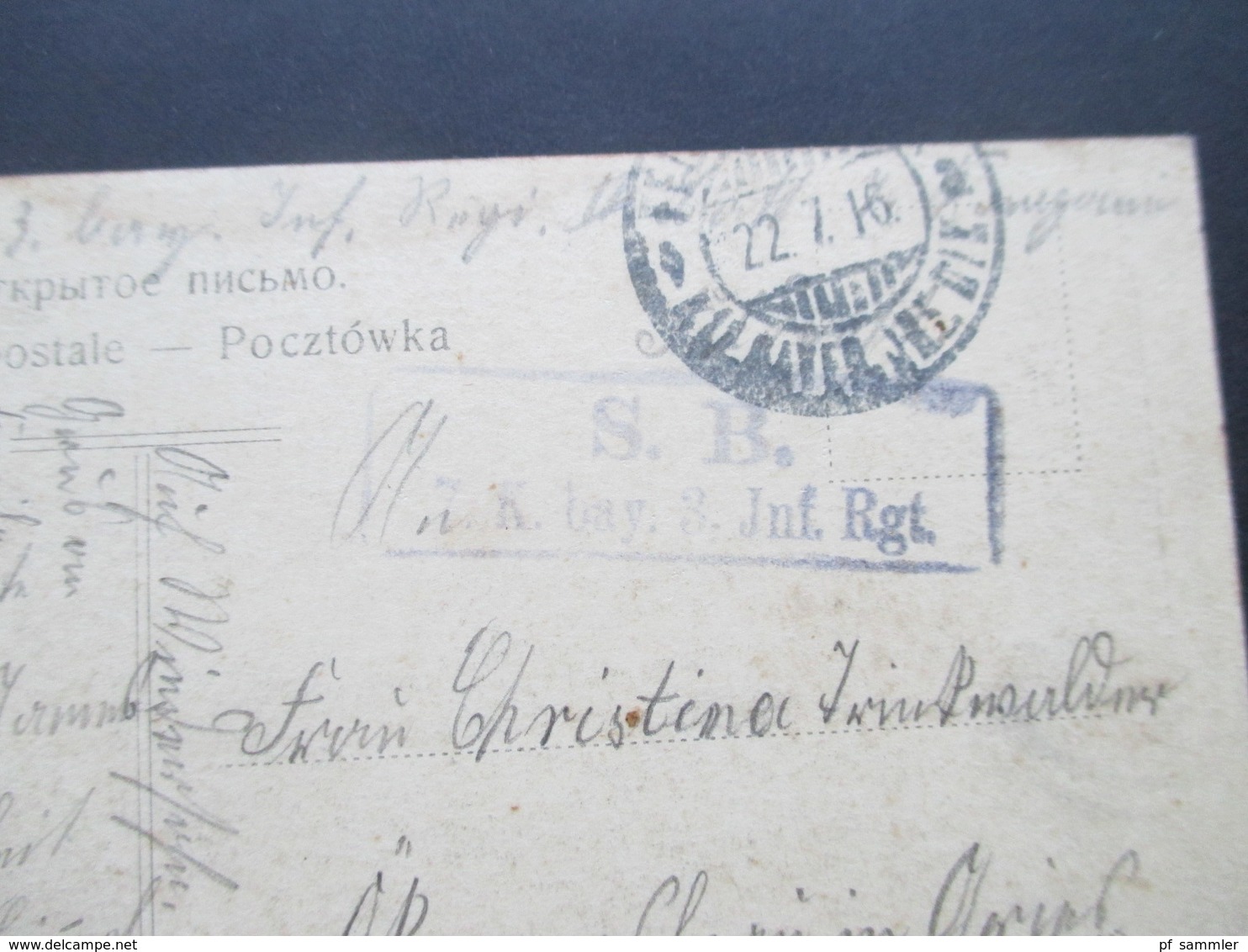 DR Feldpost 1. WK 1916 AK Bapwaba, Warschau Karowa Str. Stempel SB 7.K.bay. 3. Inf. Rgt - Briefe U. Dokumente