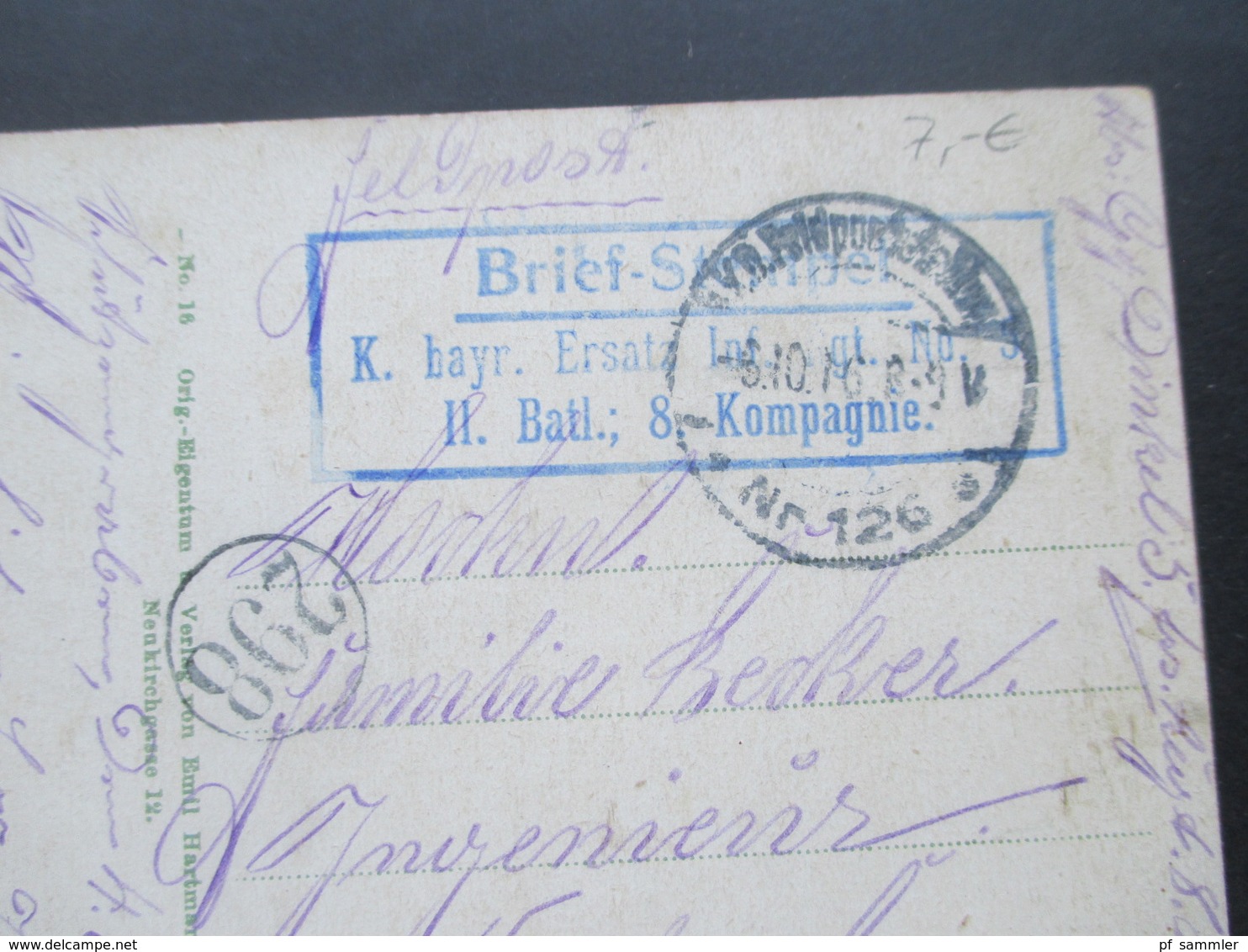 DR Feldpost 1. WK 1916 Elsass Das Schlachtfeld In Den Vogesen Blauer Brief Stempel K. Bayr. Ersatz Inf. Rgt. No. 9 - Briefe U. Dokumente