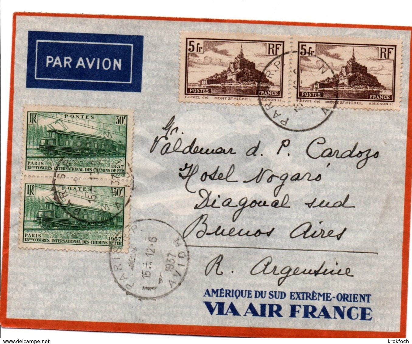 Paris RP Avion 1937 - Lettre Pour Buenos-Aires Avec Mont-Saint-Michel Et Train électrique Congrès Chemin De Fer - 1921-1960: Période Moderne