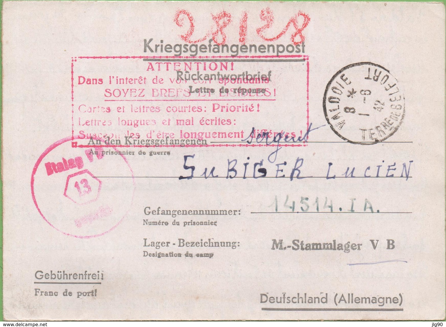 Lettre-Réponse à Prisonnier De Guerre Avec Consignes En Rouge De VALDOIE (90) à Stalag VB 31/05/42 - 2. Weltkrieg 1939-1945