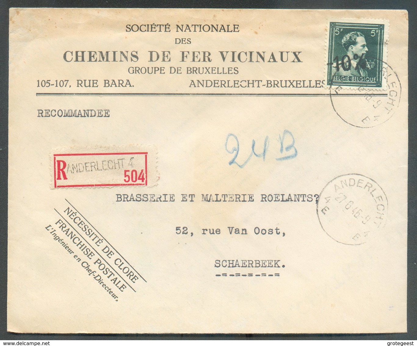5Fr. LEOPOLD III Col Ouvert V, Surch. -10% Sur Lettre (Chemin De Fer Vicinaux) Recommandée De ANDERLECHT 4 Le 27-6-1946 - 1946 -10%