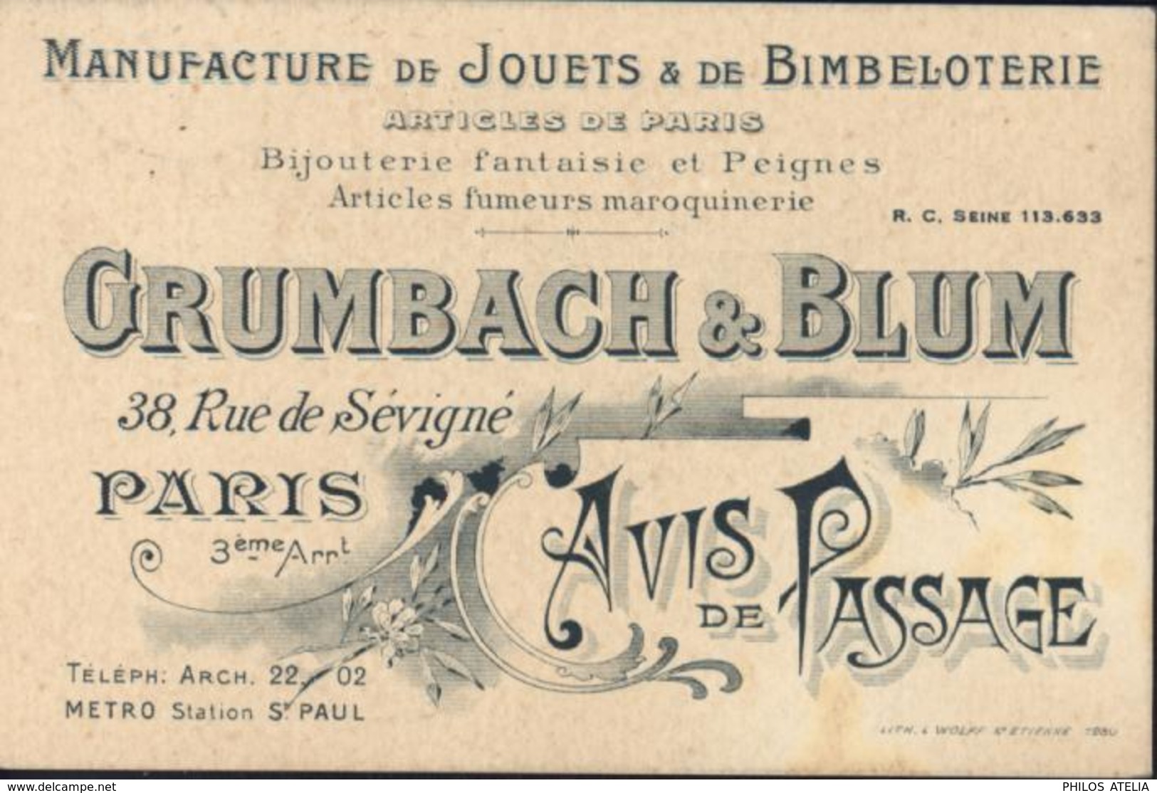 Carte Publicitaire Grumbach Et Blum Manufacture Jouets Bimbeloterie Bijouterie Articles Fumeurs Paris Avis De Passage - 1921-1960: Période Moderne