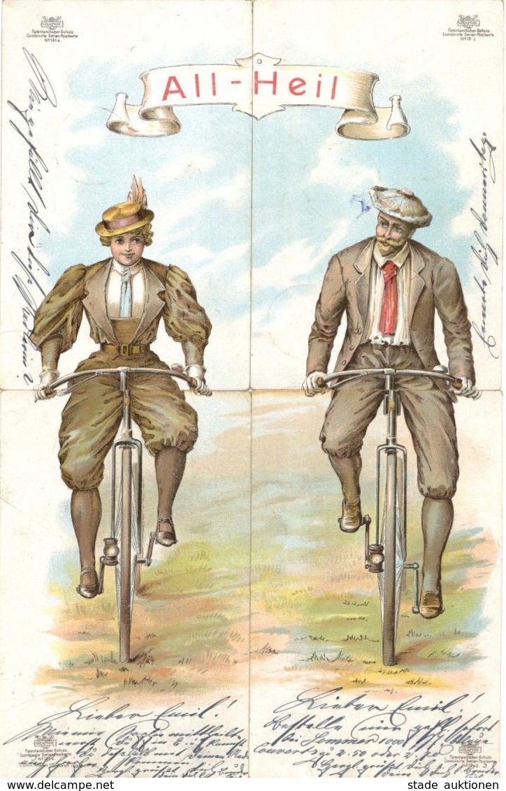 Puzzle 4 Tlg. Fahrrad All Heil 1897 Litho I-II Cycles - Sonstige & Ohne Zuordnung
