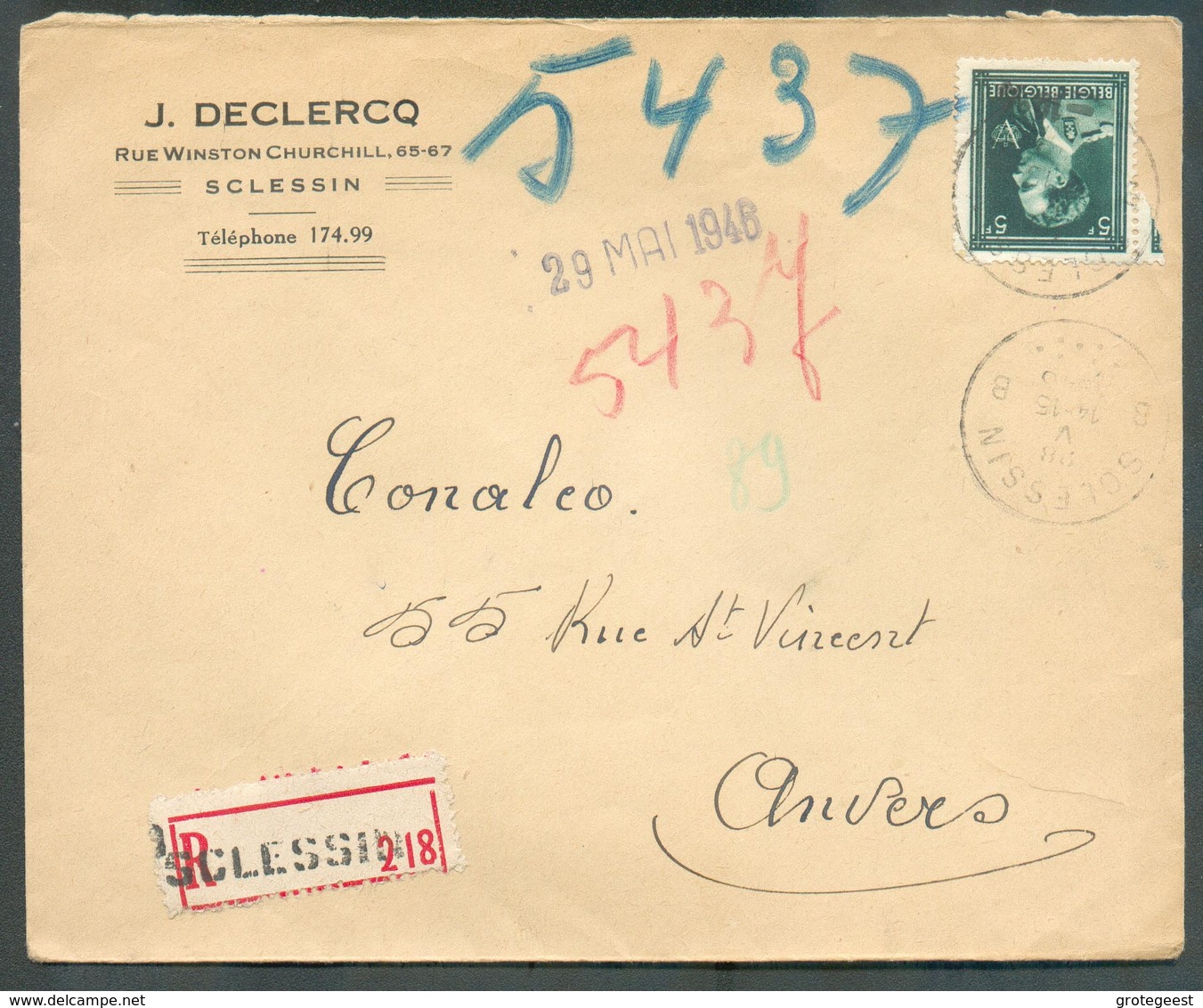 5Fr. LEOPOLD III Col Ouvert  -10 % Obl; Sc SCLESSIN Sur Lettre Recommandée Le 28 Mai 1946 Vers Anvers - 14894 - 1946 -10%