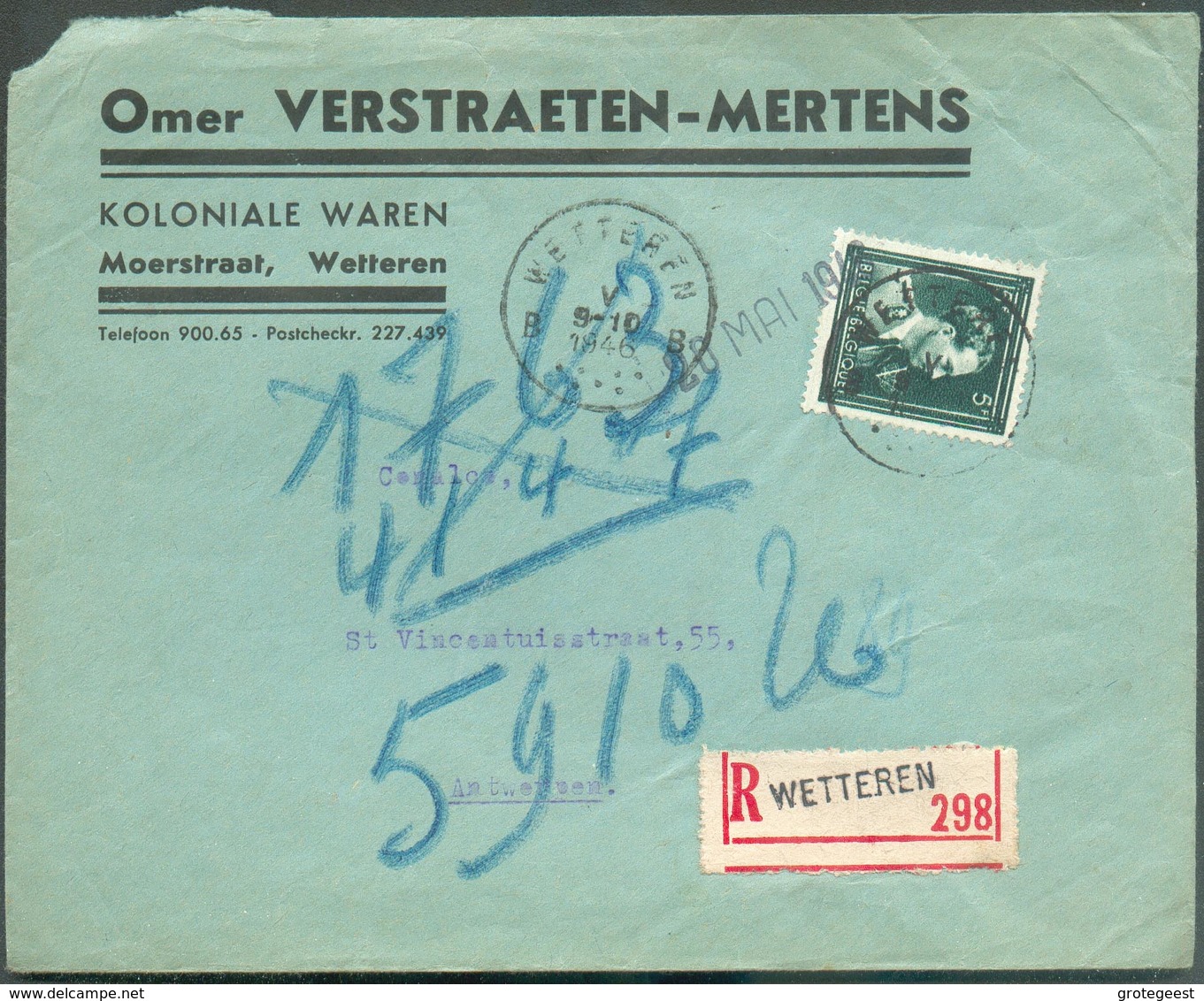 5Fr. LEOPOLD III Col Ouvert  -10 % Obl; Sc WETTEREN Sur Lettre (Omer Verstraeten-Mertens Koloniale Waren) Recommandée Le - 1946 -10%