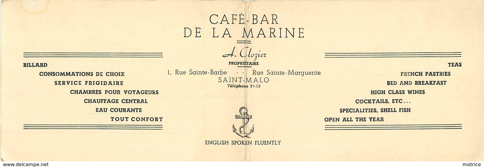 SAINT MALO - Café-Bar De La Marine, Carte Double Format 14cm X 9,5cm (fermée). - Sonstige & Ohne Zuordnung