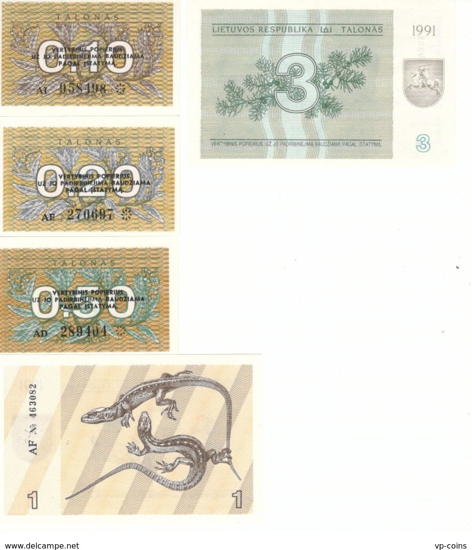 Lithuania. A Set Of Banknotes. 0,1, 0,2 0,5, 1, 3 Coupon. UNC. 1991 - Lituanie