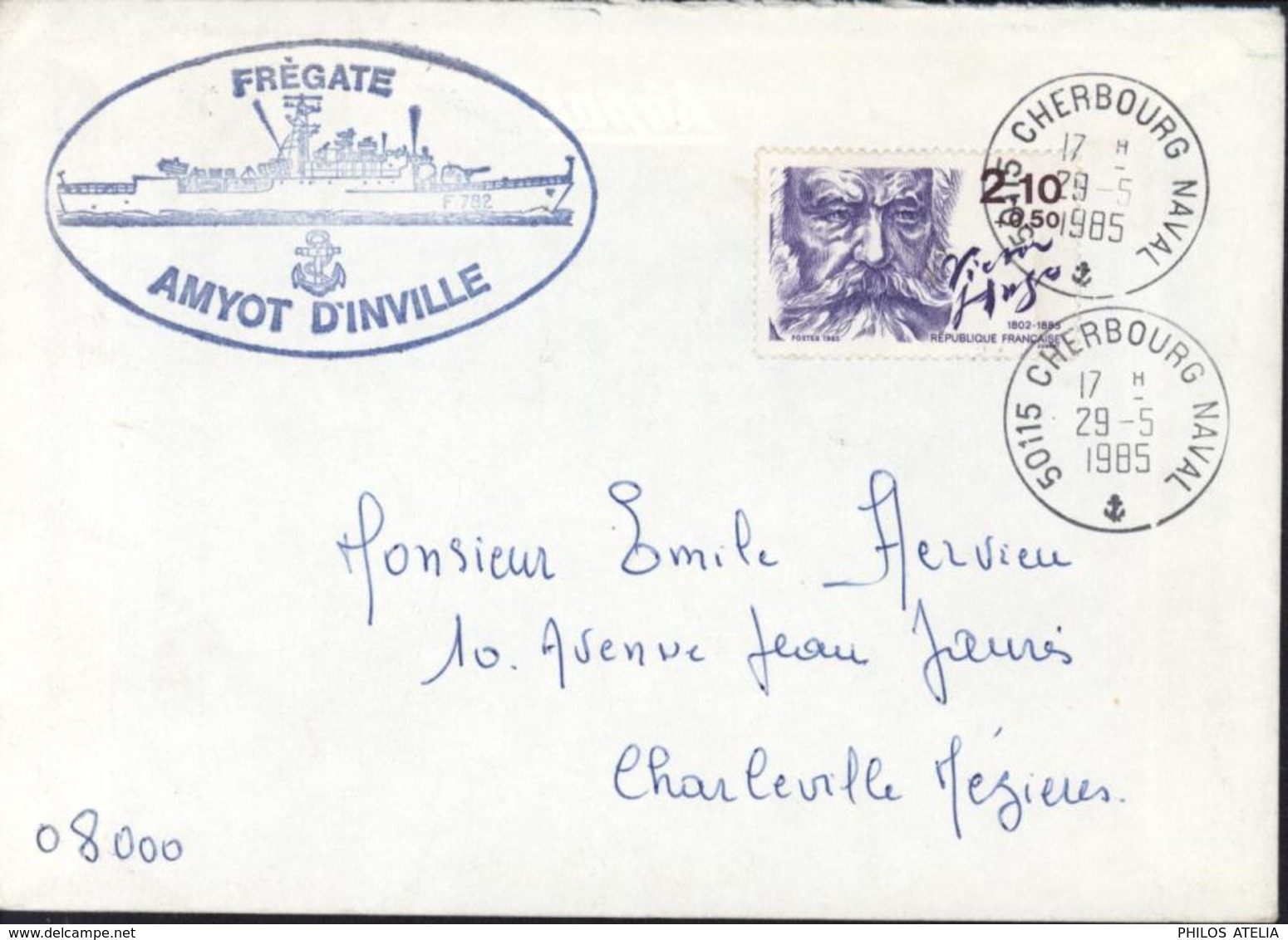 Maritime Naval YT 2358 Victor Hugo CAD 50115 Cherbourg Naval Ancre 29 5 85 Cachet Frégate Amyot D'Inville - Poste Navale