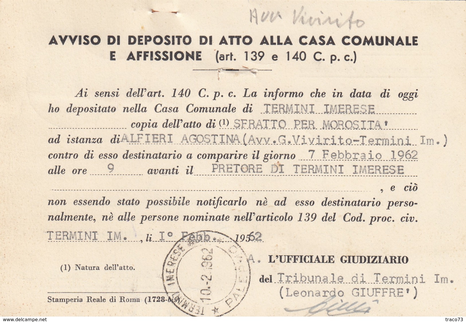TERMINI IMERESE  /  Città - Card _ Cartolina Racc. Avviso Di Ric. - Commemorativo Lire 70 + Altro _  1.2.1962 - 1961-70: Storia Postale