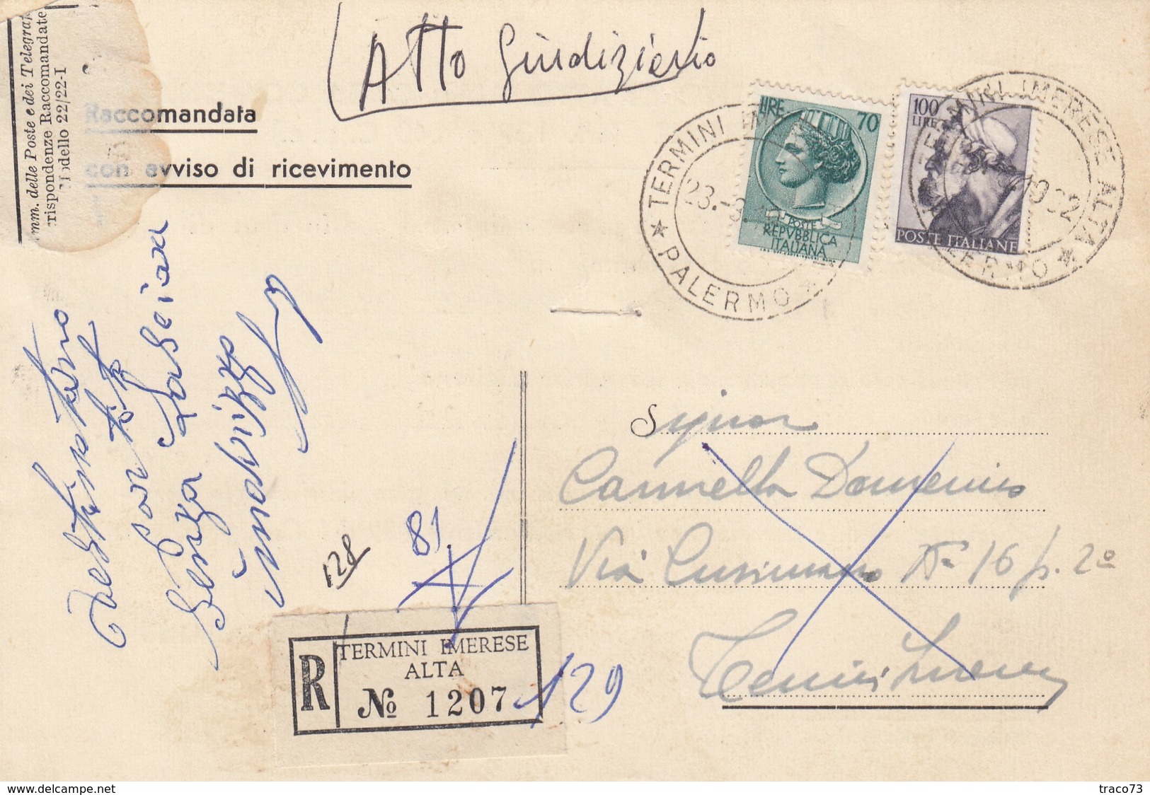 TERMINI IMERESE /  Città - Card _ Cartolina Racc. Avviso Di Ric. - Italia A Lavoro Lire 100 + 70 Siracusana _  22.3.1962 - 1961-70: Storia Postale