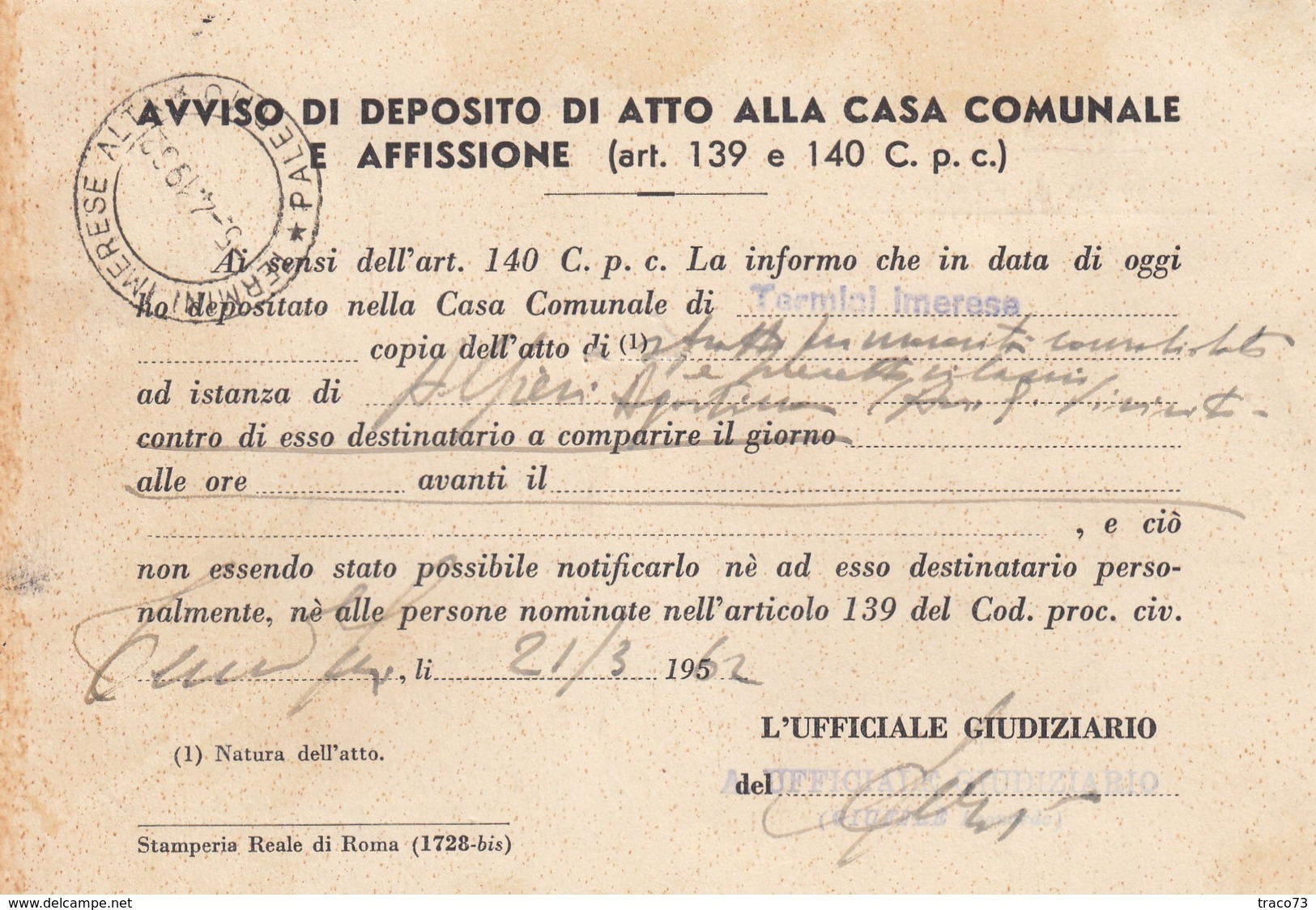 TERMINI IMERESE /  Città - Card _ Cartolina Racc. Avviso Di Ric. - Italia A Lavoro Lire 100 + 70 Siracusana _  22.3.1962 - 1961-70: Storia Postale