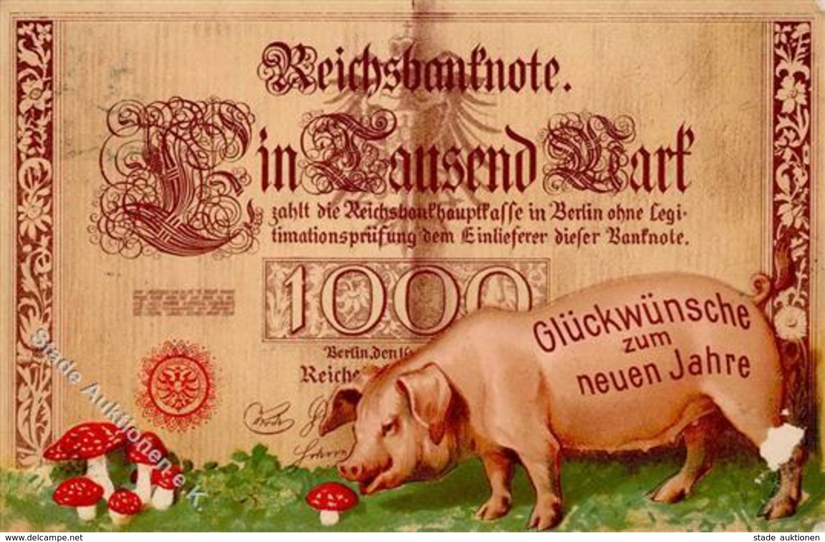 Geldschein Auf AK Schwein Pilze Neujahr 1907 II (Abschürfung, Kl. Eckbug) Cochon Bonne Annee - Sonstige & Ohne Zuordnung
