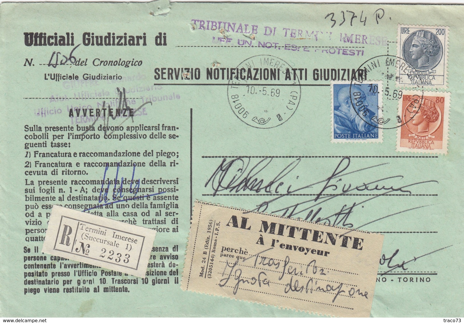 TERMINI IMERESE /  CERDA - Cover_ Lett.  Racc. ATTI GIUDIZIARI - Italia A Lavoro Lire 70 + Sirac. 200 +80  _  10.5.1969 - 1961-70: Storia Postale