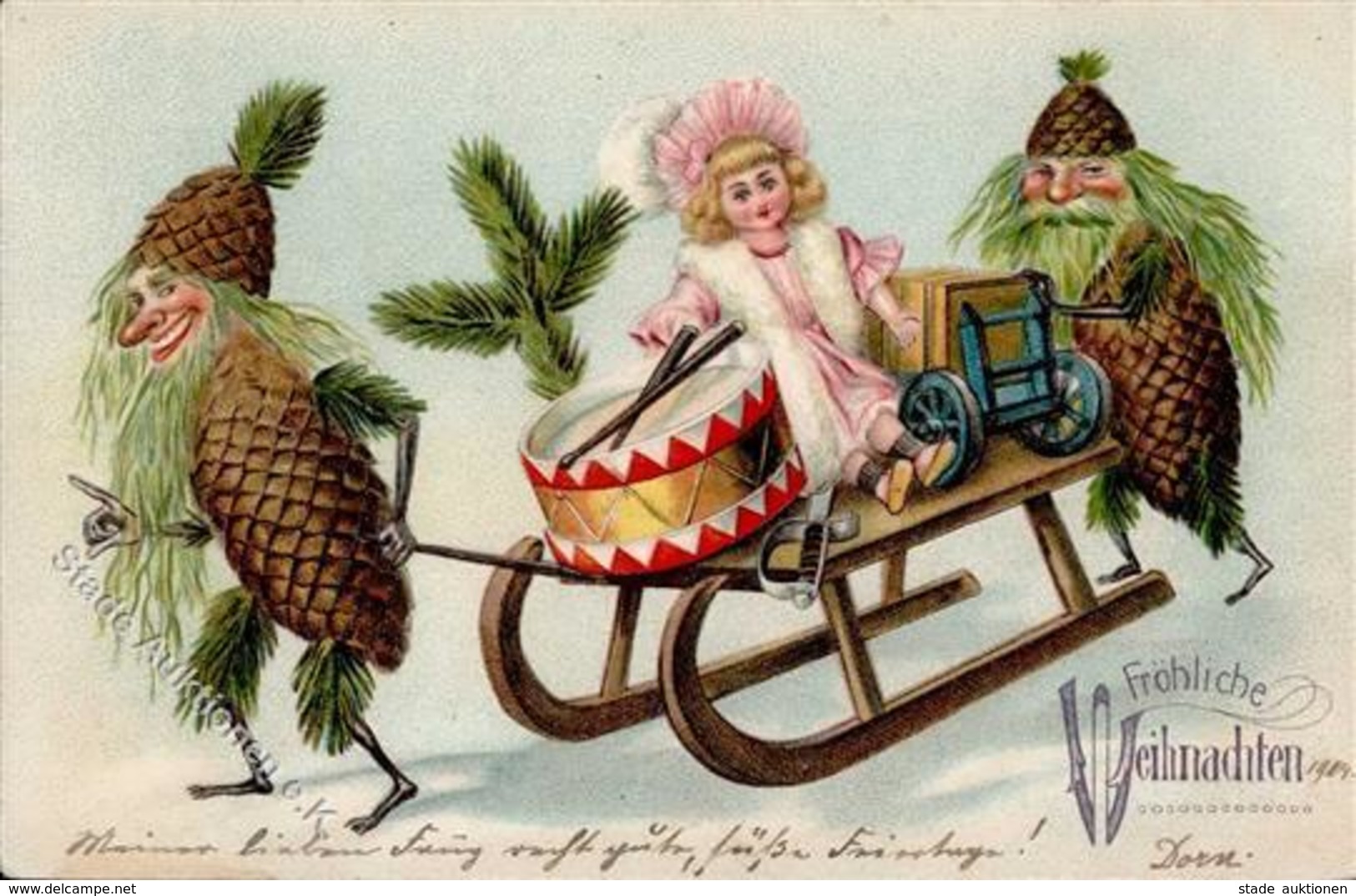 Weihnachten Tannenzapfen Personifiziert Puppe Spielzeug Lithographie / Prägedruck 1904 I-II Noel Jouet - Sonstige & Ohne Zuordnung