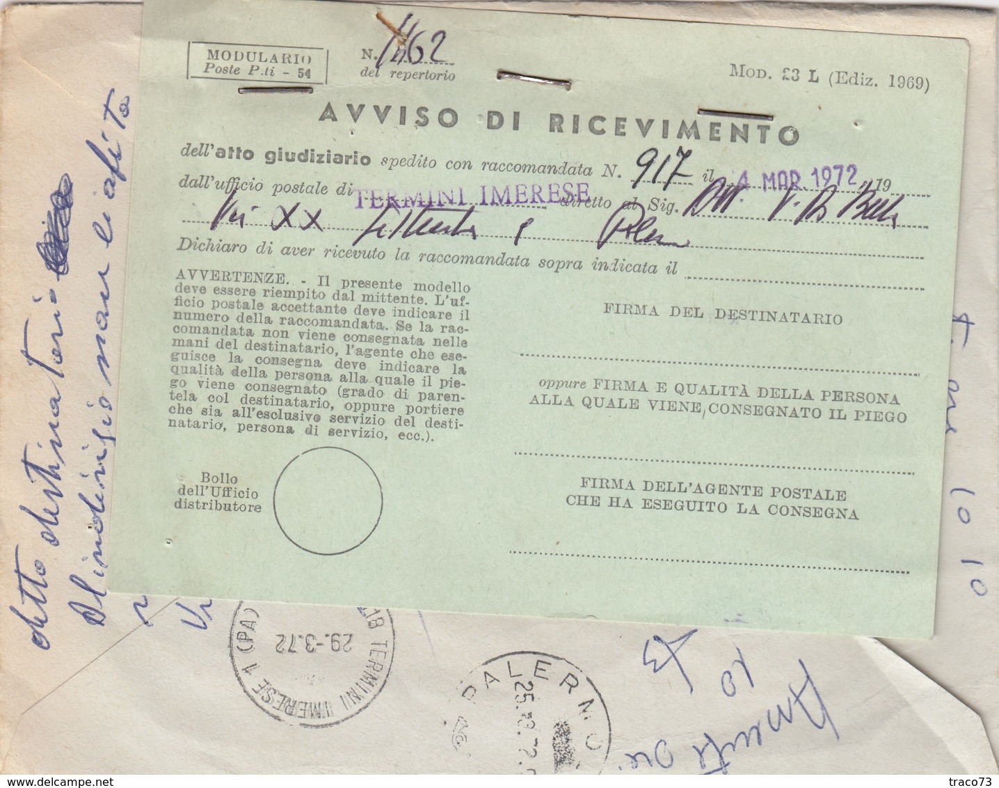 TERMINI IMERESE / PALERMO - Cover_ Lett.  Racc. ATTI GIUDIZIARI - Siracusana Lire 200 + 100 + 50 _  24.3.1972 - 1971-80: Storia Postale