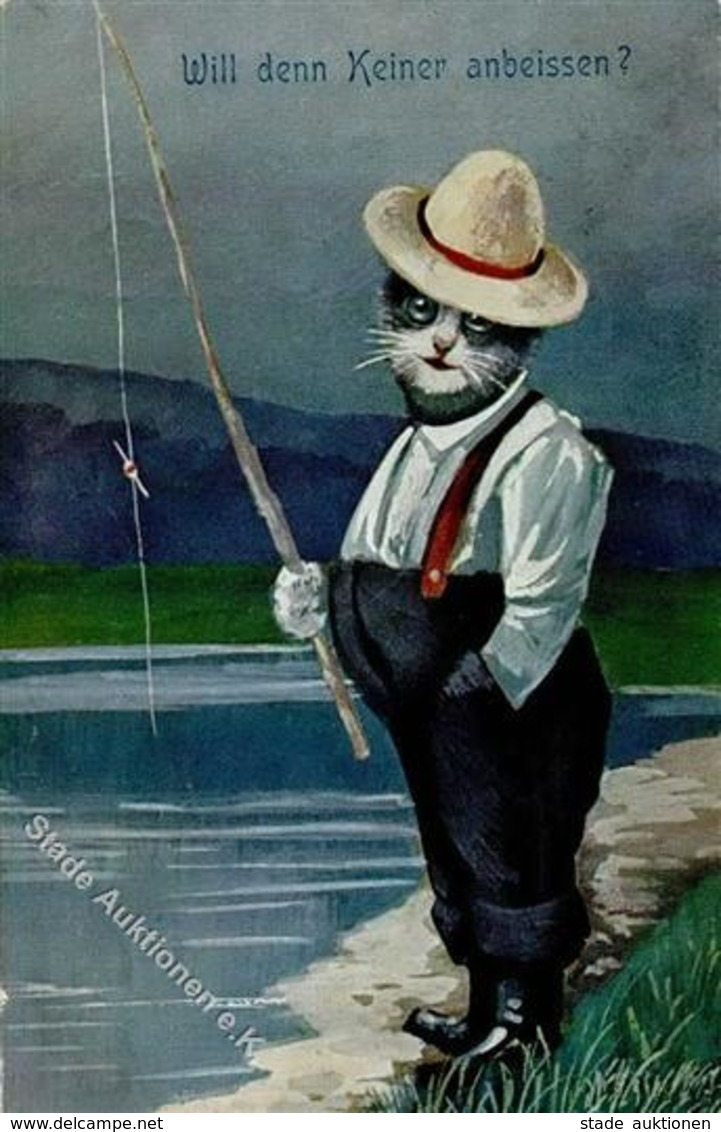 Katze Personifiziert Angler Künstlerkarte 1909 I-II Chat - Other & Unclassified