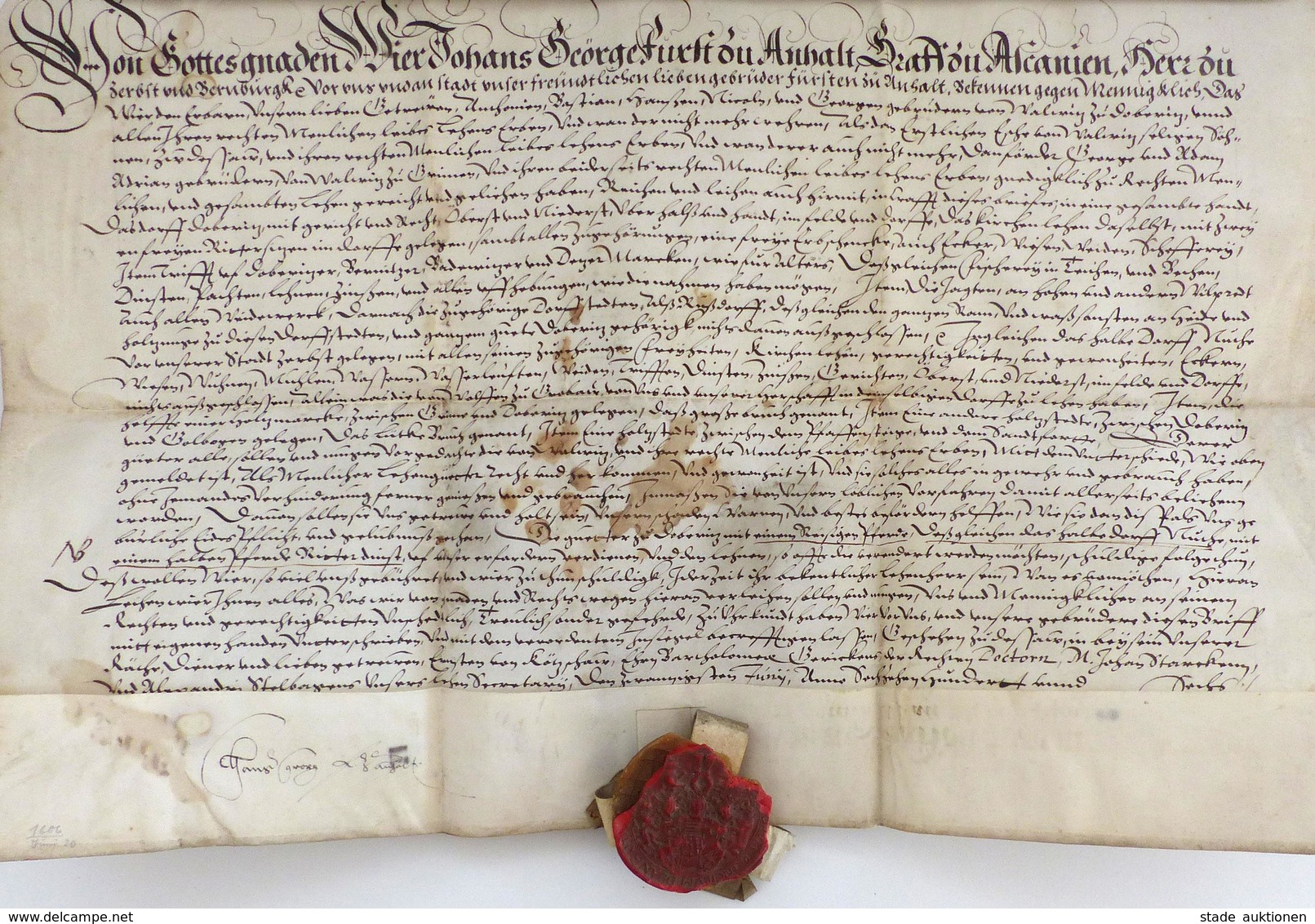 Adel Johans George Fürst Zu Anhalt Graf Zu Ascanien Altbrief Mit Siegel 1606 I-II - Königshäuser