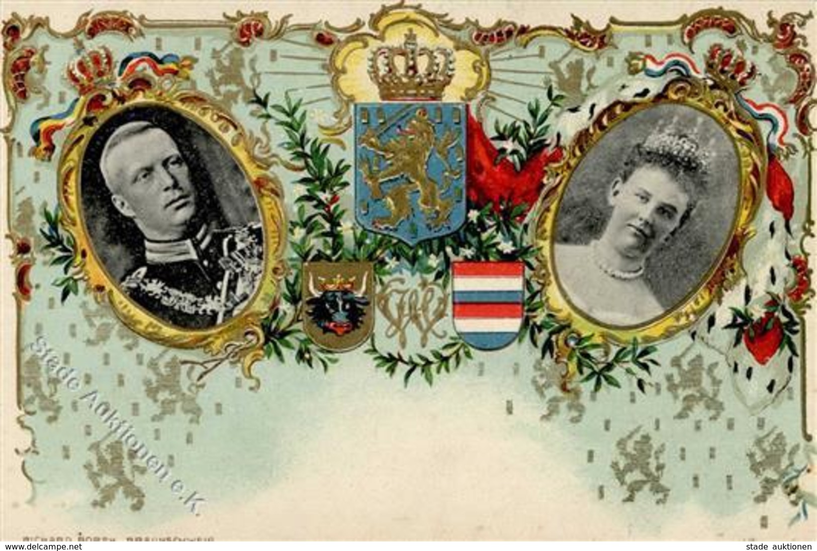 Adel NIEDERLANDE-SCHWERIN - Königin Wilhelmina - Herzog Hedrik V. Mecklenbuerg-Schwerin 1901 I Präge-Litho - Königshäuser