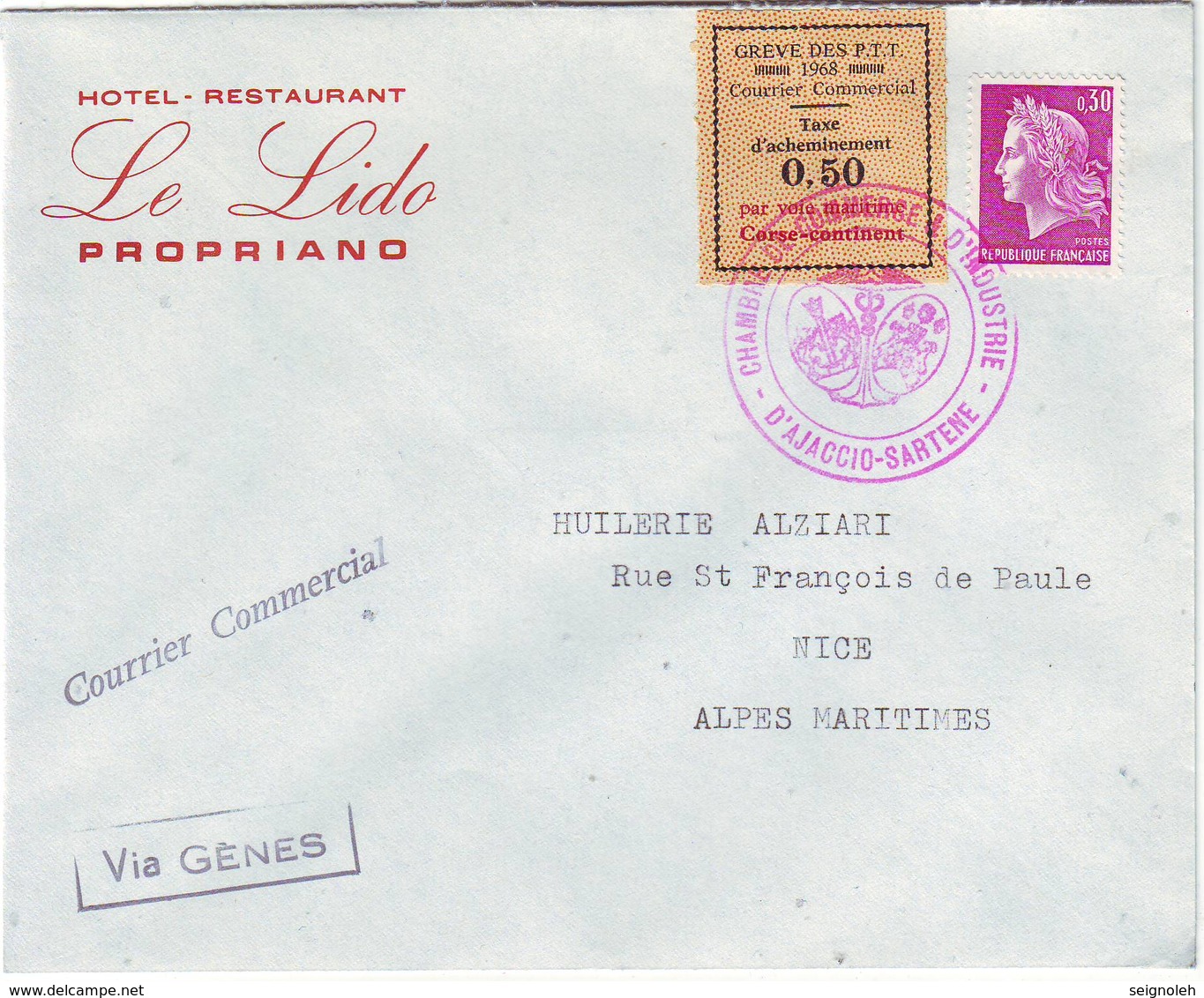 GREVE Des PTT De 1968 Lettre Chambre De Commerce D' Ajaccio CORSE ( TP Maury N° 15 ) Lettre Pour NICE - 1921-1960: Moderne