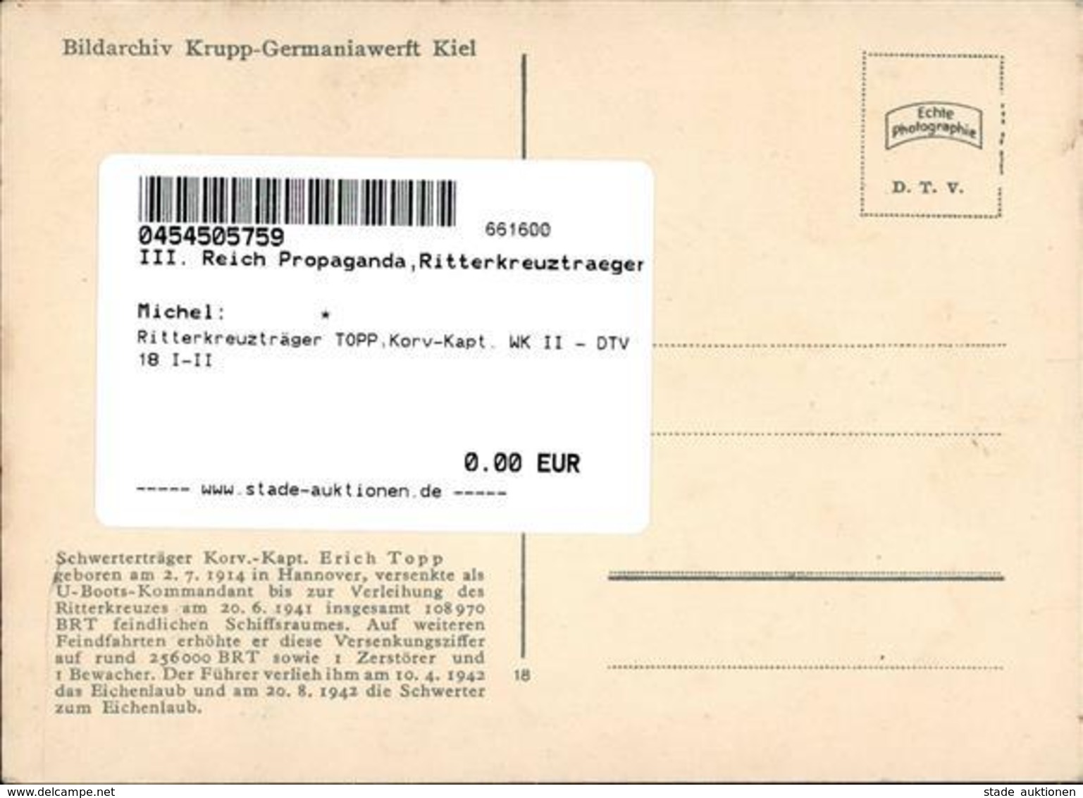 Ritterkreuzträger TOPP,Korv-Kapt. WK II - DTV 18 I-II - Weltkrieg 1939-45