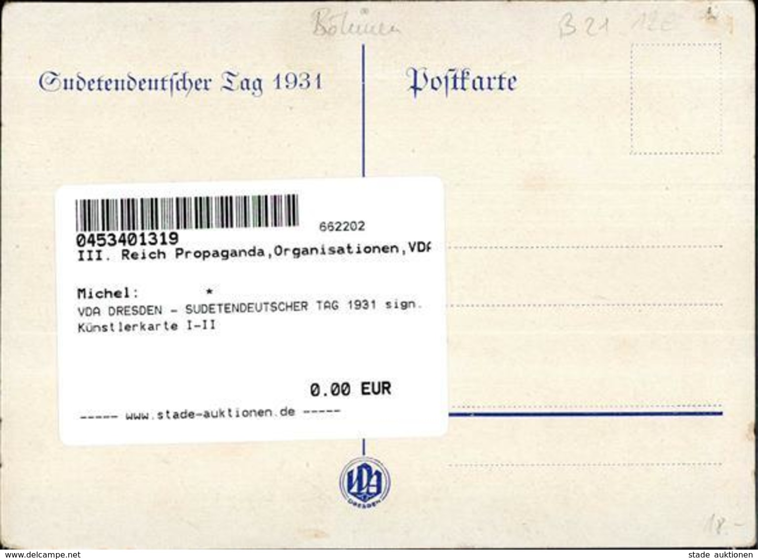 VDA DRESDEN - SUDETENDEUTSCHER TAG 1931 Sign. Künstlerkarte I-II - Weltkrieg 1939-45