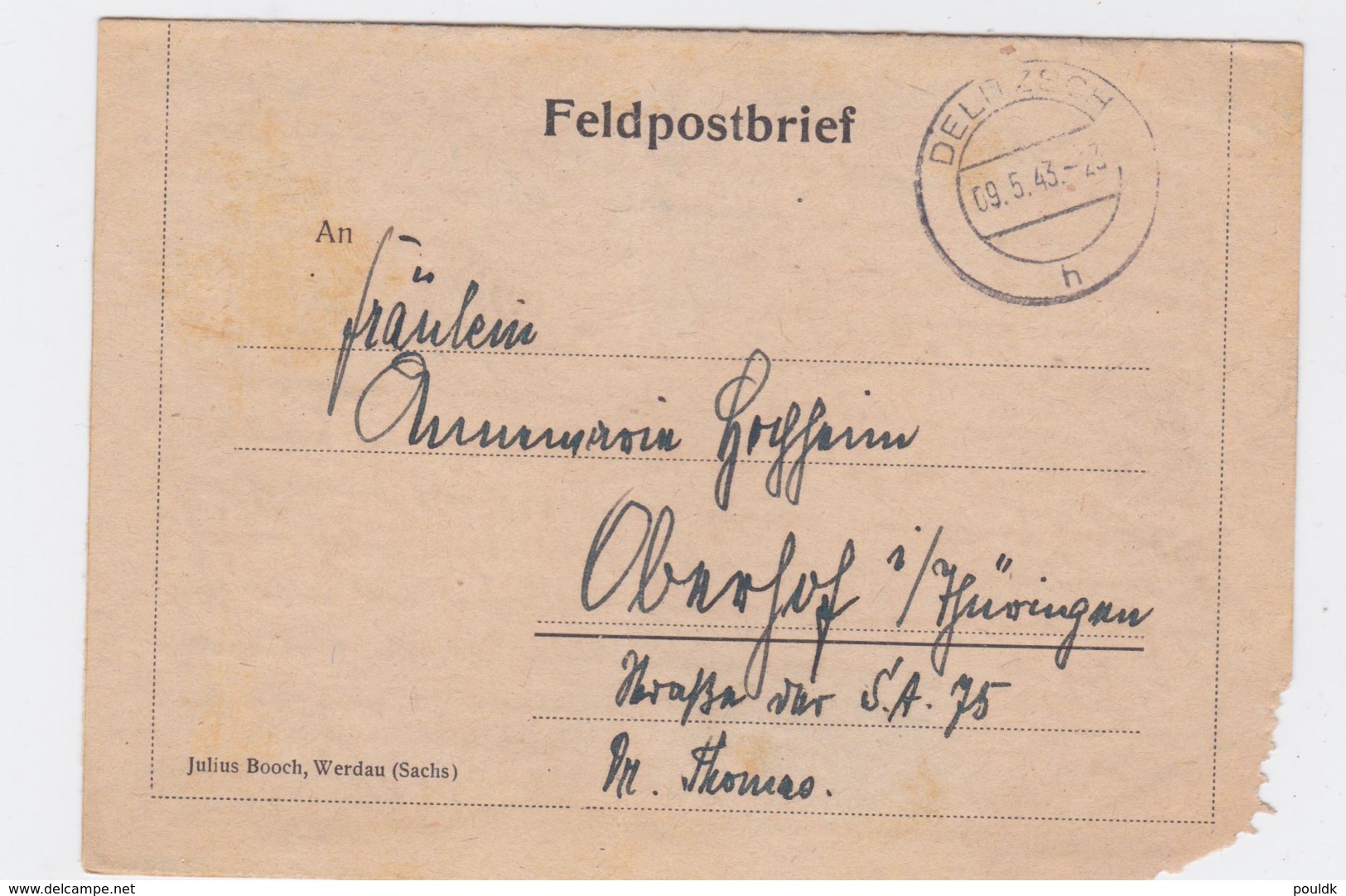 German Feldpost WW2: From A Hauptmann P/m Delitzsch 9.5.1943 - Letter Inside (G108-53) - Militaria