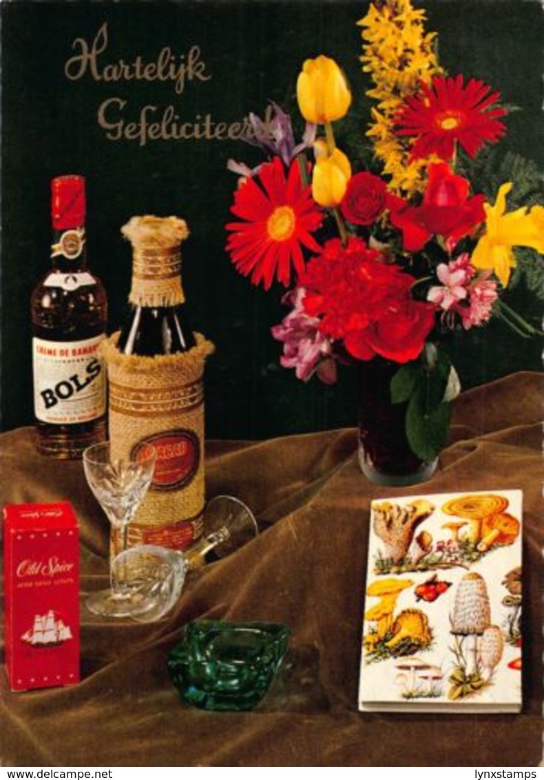 Hartelijk Gefeliciteerd Bols Cacao Bottles Old Spice Flowers In Vase Postcard - Souvenir De...