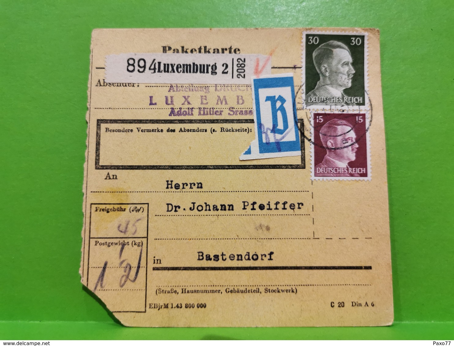 Paketkarte, Luxembourg, Occupation. Envoyé à Bastendorf - 1940-1944 Occupation Allemande