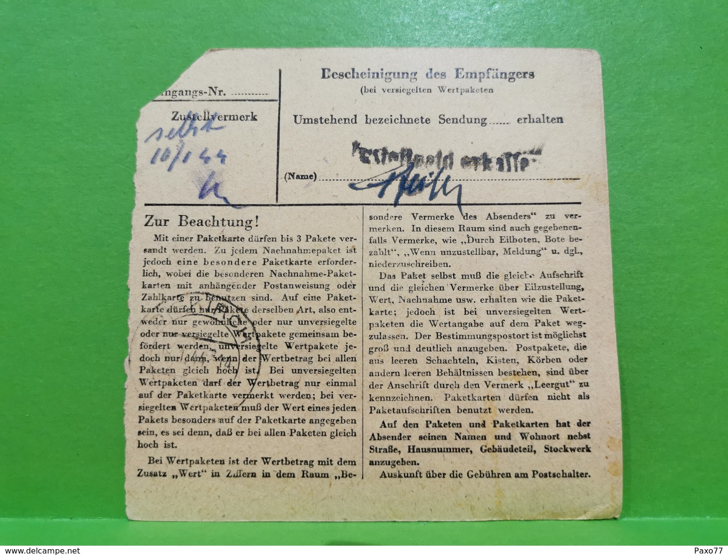 Paketkarte, Luxembourg, Occupation. Envoyé à Bastendorf - 1940-1944 Occupation Allemande