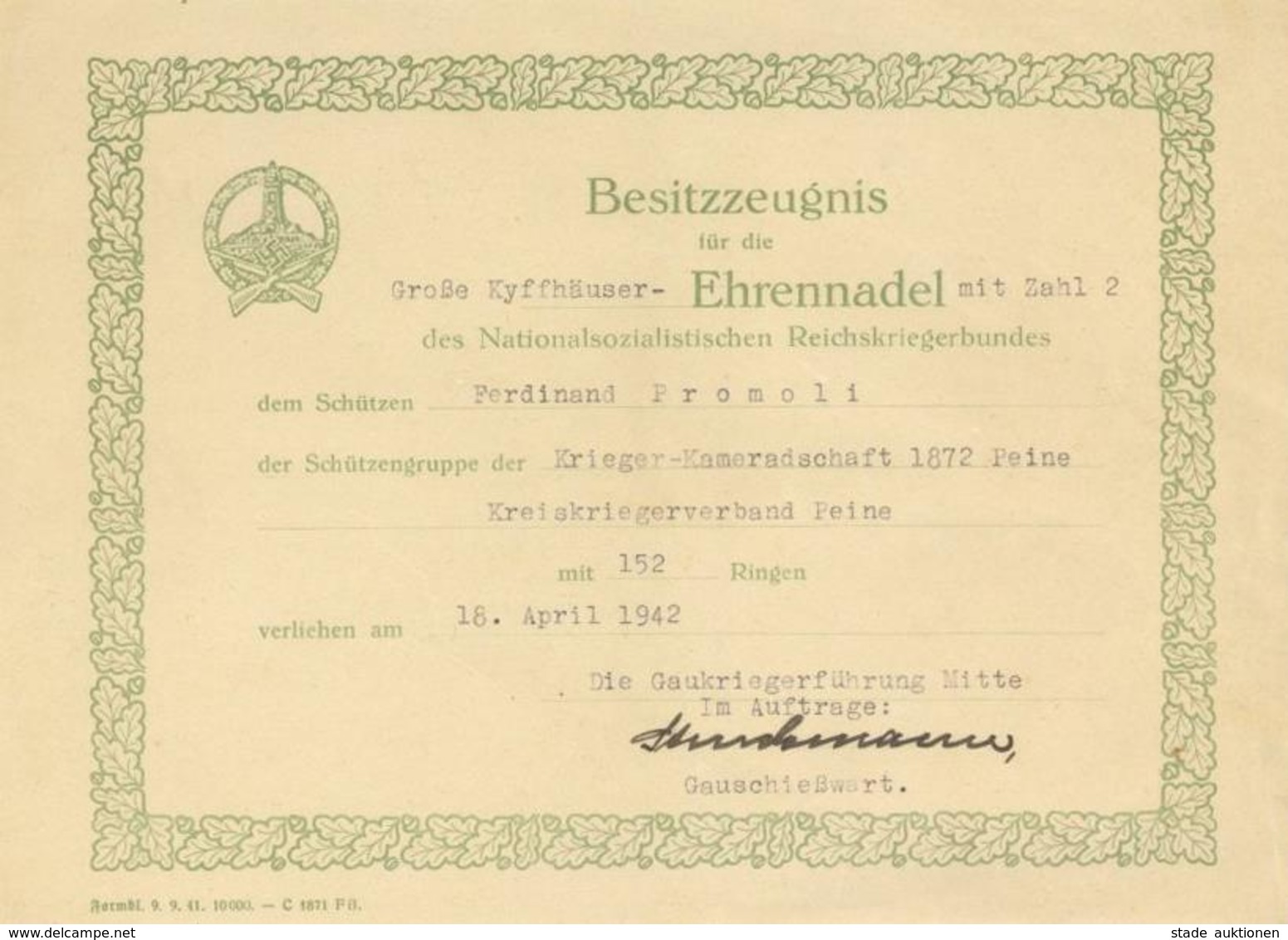 Verleihungsurkunde Besitzzeugnis Große Kyffhäuser Ehrennadel Mit Zahl 2 I-II - Weltkrieg 1939-45