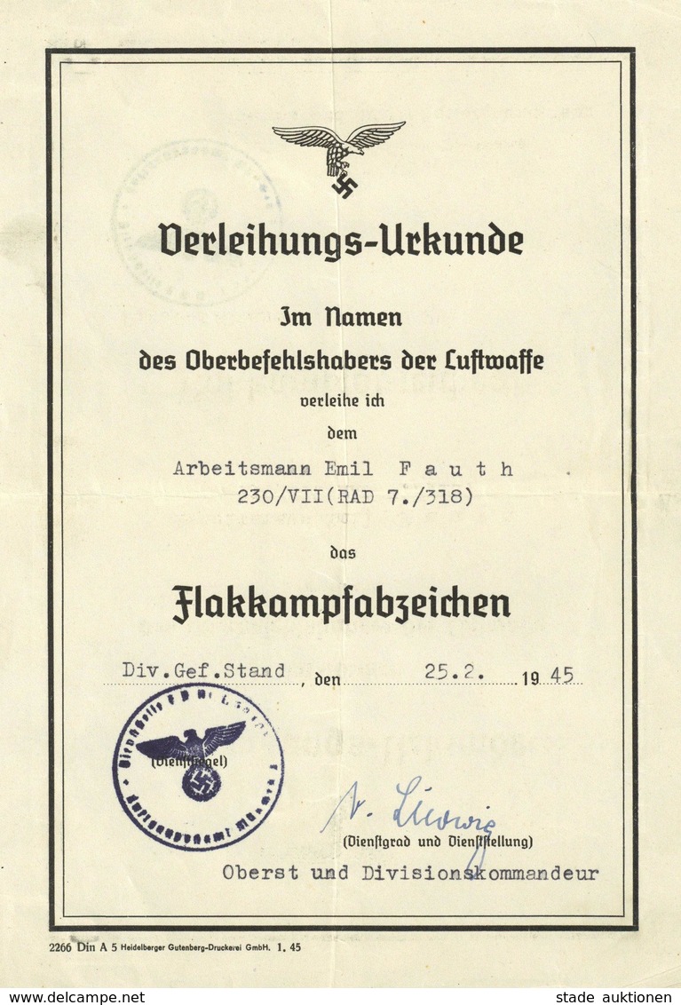 Verleihungsurkunde Flakkampfabzeichen I-II - Weltkrieg 1939-45