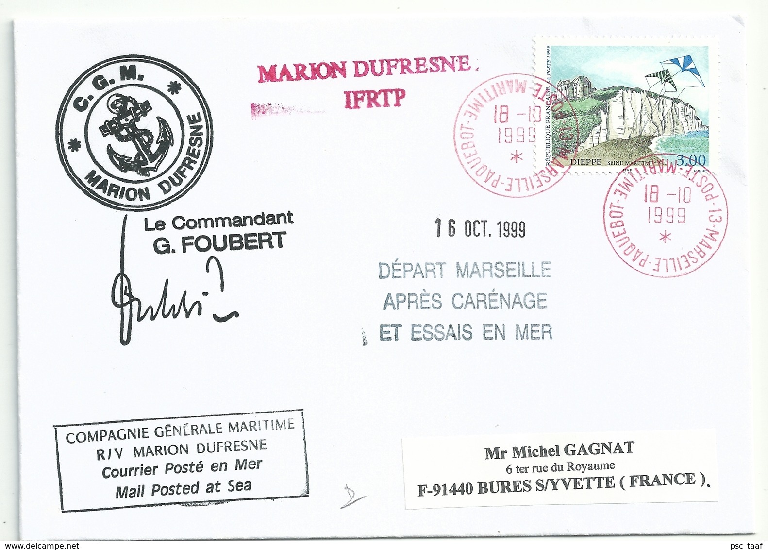 YT 3239 Falaises De Dieppe - Cerf Volant - Posté à Bord Du MD - Marseille Paquebot - 18/10/1999 - Lettres & Documents