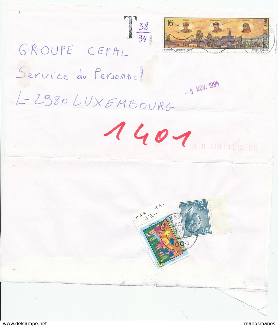 800/30 - LUXEMBOURG Taxation - Enveloppe Belgique 1994 Taxée à Luxembourg 45 Francs  Avec 2 Timbres-Poste - Portomarken