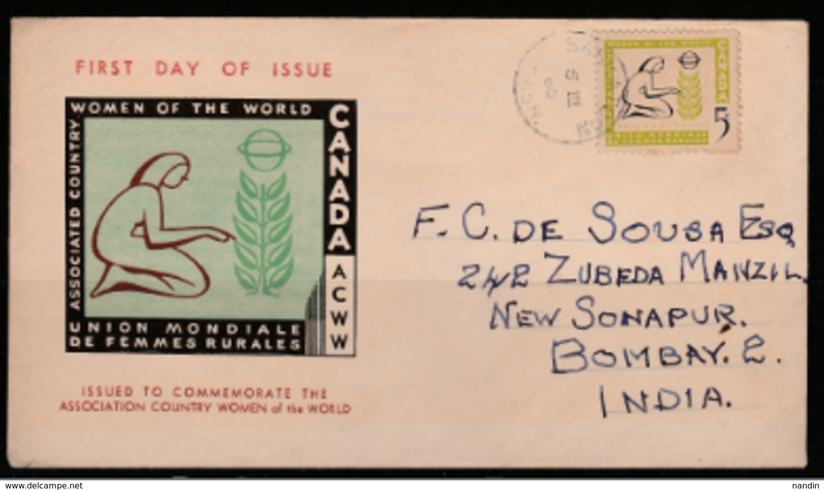 1960 LETTER (FDC) FROM CANADA TO INDIA FRANK WITH STAMP ON COMMEMORATION OF ASSOCIATED COUNTRY WOMEN OF THE WORLD - Sobres Conmemorativos