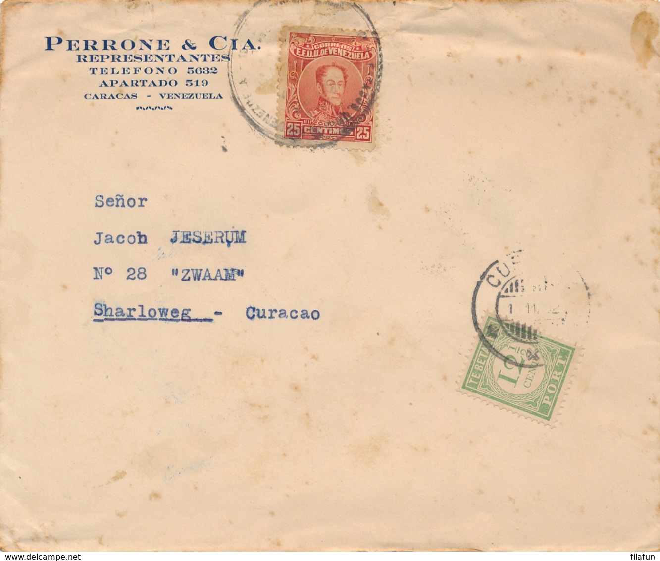 Curacao - 1932 - 12,5 Cent Port P24 Enkelfrankering Op Taxed Incoming Cover From Venezuela - Niederländische Antillen, Curaçao, Aruba