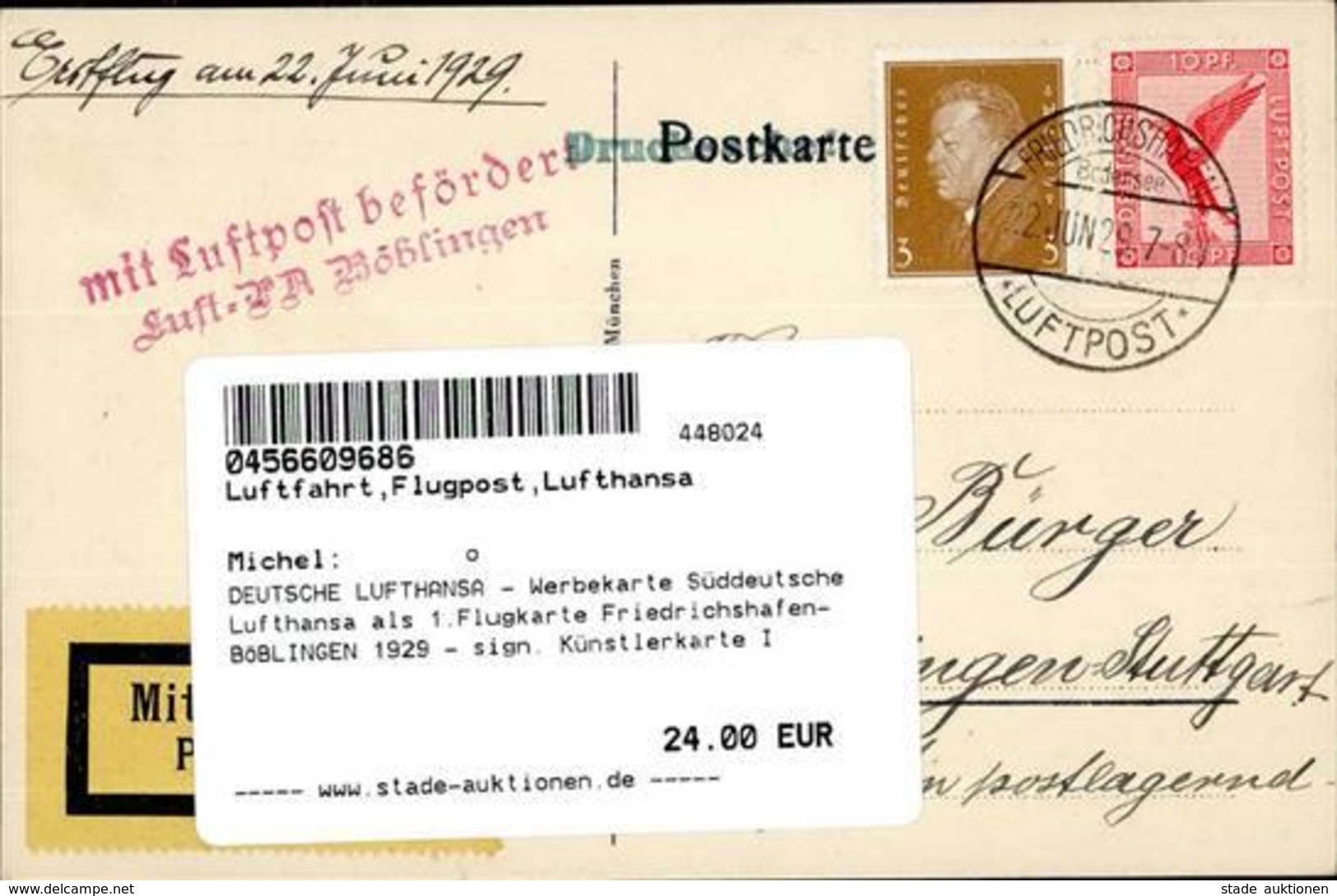 DEUTSCHE LUFTHANSA - Werbekarte Süddeutsche Lufthansa Als 1.Flugkarte Friedrichshafen-BÖBLINGEN 1929 - Sign. Künstlerkar - Sonstige & Ohne Zuordnung