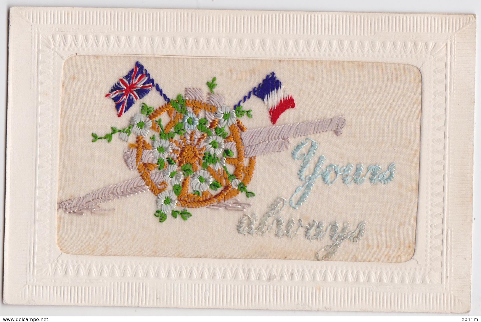 Cpa Brodée Militaire Grande Guerre Canon Drapeau France Angleterre Embroidered Postcard WW1 - Bordados