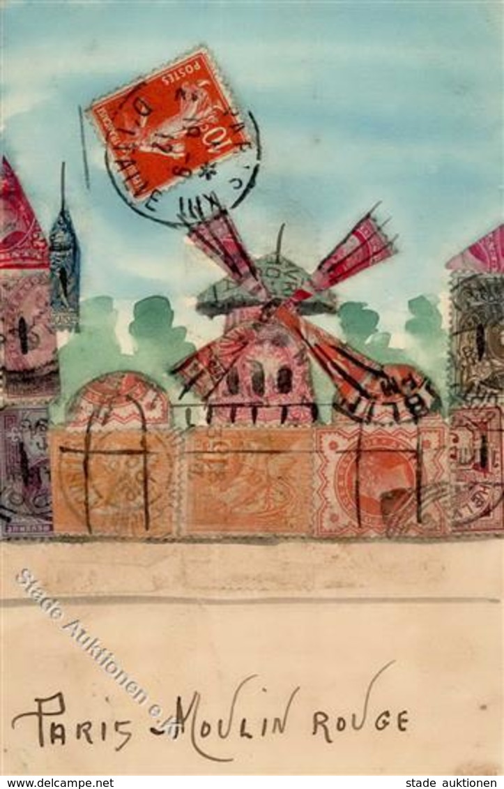 Briefmarken Collage Paris (75000) Frankreich Windmühle Moulin Rouge Künstlerkarte 1912 I-II - Geschichte